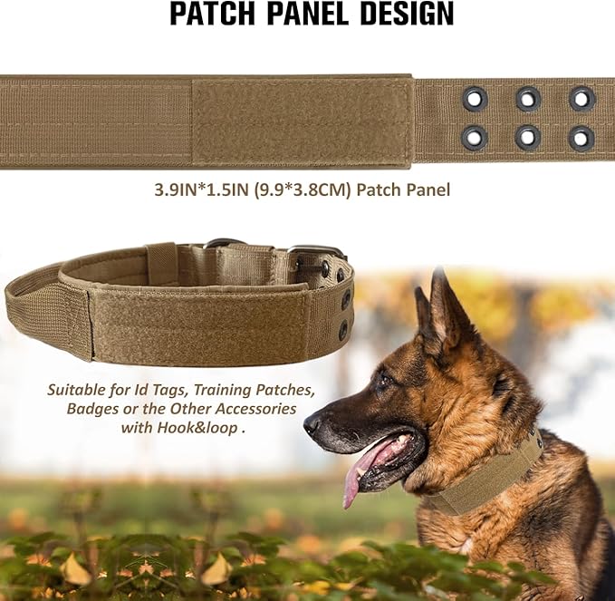 Tactical Dog Collar with Handle, Military Adjustable Heavy Duty Metal Buckle Dog Collars Soft Nylon Training Collar for Medium Large Dogs (Brown, Large)