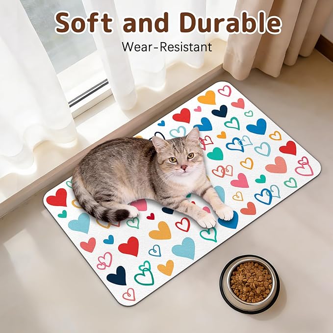 Dog Food Mat for Bowls, Absorbent Quick Dry Dog Cat Mats for Food and Water, Non-Slip Backing Pet Mat Pet Supplies - Heart Pattern