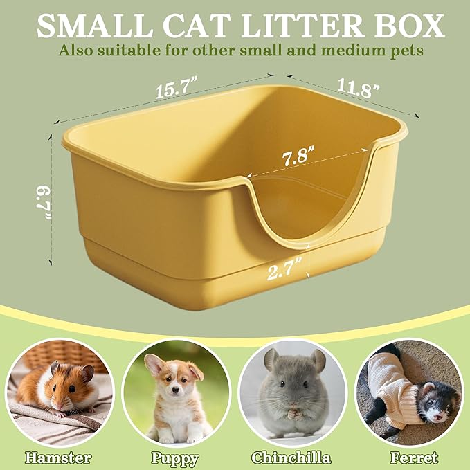 2 Pack Low Entry Small Litter Box for Kittens, Kitty Plastic Litter Boxes, Open Top, Anti-Splash High Sided Litter Tray Pan for Medium Pets, Puppy, Easy to Clean, 15.7"L*11.8"W*6.7"H (Yellow)