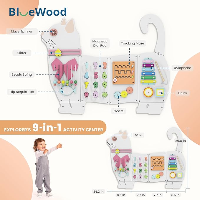 BlueWood Wooden Wall Busy Board Panels, Toddler Learning Activity Center, Montessori Philosophy Sensory, Educational Toys, Conducive to All-Round Development - Cat