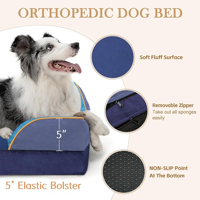 Comfort Expression Orthopedic Dog Bed for Large Dogs 36x27 Inch, Waterproof Egg Crate Foam Large Pet Bed with Removable Bolsters, Dog Couch with Washable Cover & Non-Slip Bottom, Hidden Bay