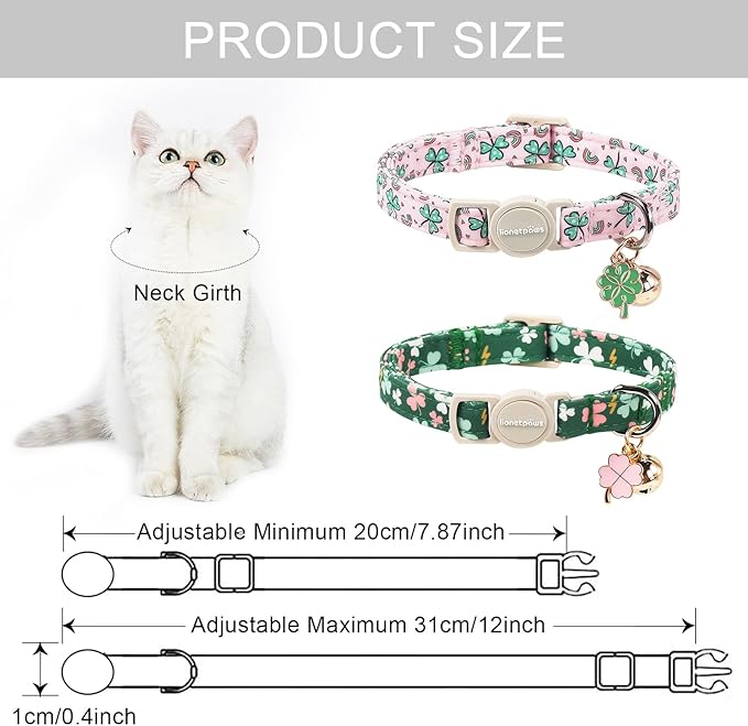Lionet Paws 2pcs Pack St. Patrick Cotton Cat Collar,Breakaway Buckle with Green Clover and Rainbow Adjustable Pink Cat Kitten Collar,Ideal for Girl Cats Boy