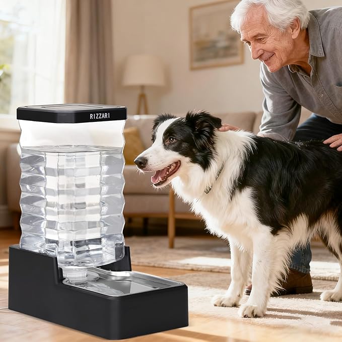RIZZARI Stainless Steel Pet Water Dispenser: 10L Large Gravity Waterer - Splash-Resistant - Leak-Proof Auto Refill - Easy Clean - for Large Dogs - Living Room/Crate Area/Mudroom