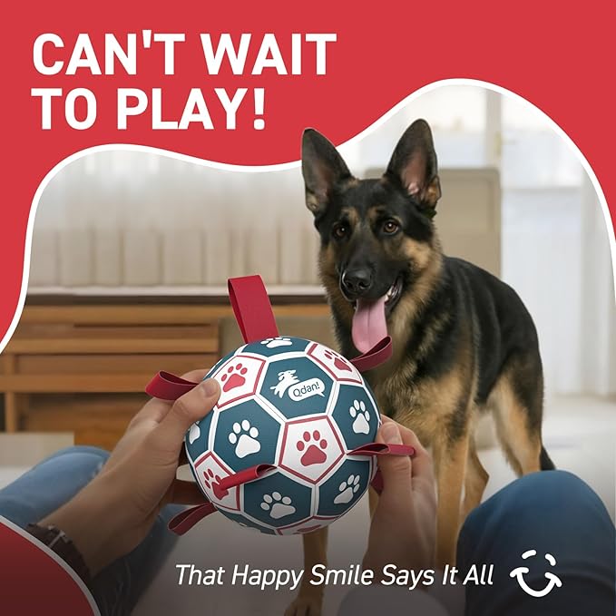 QDAN Extra Large Soccer Ball with Straps, Interactive Dog Toys for Tug of War, Puppy Birthday & Water Toy, Large Dog Balls - Blue & Red (9 Inch)