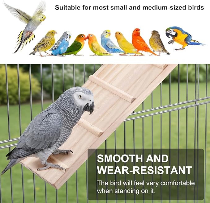 Wooden Bird Habitat Platform with Swing and Ladder - Sturdy Long Tailed Parrot cage Accessory, Suitable for Exercising and Entertaining Bird Games Gym - Perfect for Parrots, Canaries, Sparrows
