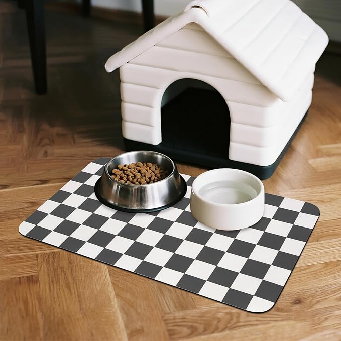 Checkered Dog Food Mat, Absorbent Leak-Proof Pet Feeding Mat, Quick Dry Cat Food Mat for Messy Drinkers 16" x 24" Black