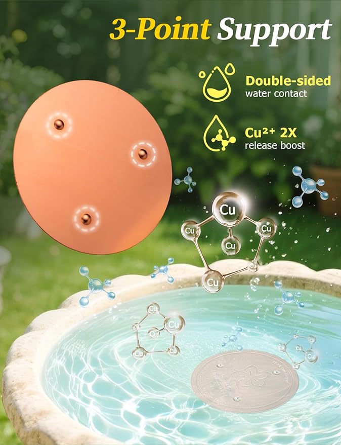 Mellbree 2-Pack Bird Bath Copper Disk, 0.6mm Reinforced 99.99% Pure Copper Cleaning Disk with Triple-Point Support for Physical Safe Clean Water, Universal Fit for Outdoor Birdbaths, Bowl (Flower)