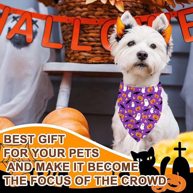 Holiday Dog Bandanas 4 Pack, Halloween Thanksgiving Christmas New Year Reversible Large Pet Bandanas, Celebration Set, Adjustable Triangle Holiday Scarves for Dogs Girl Boy Pets