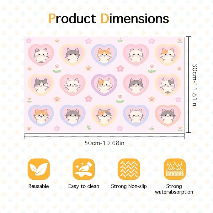 Cat Feedings Mats 20x12 inch Pink Heart Kitten Print Pet Bowl Placemat Non Slip Mat for Cats Food and Water Indoor Kitty Feeding Station Cute Cats Meal Mat for Small Pets Kitchen Floor Use