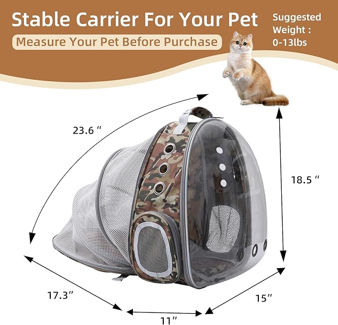 Cat Backpack Carrier Back Expandable Bubble Pet Carrier Backpack for Large Cat, Kitten and Dog, Designed for Hiking, Travelling and Outdoor Use (Back Expandable-Camo)