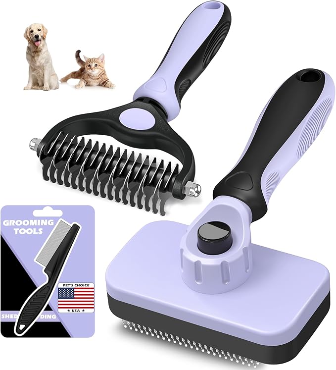 3PCS Self Cleaning Slicker Brush & Pet Grooming Rake & Flea Comb for Dogs,Cats and Horses | Double-Sided Dematting Comb & Skin Friendly Deshedding Grooming Tool | Pet Supplies(Light Purple Black)