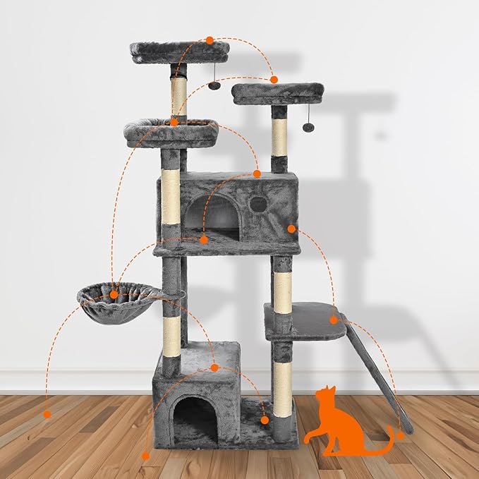 Amazon Basics Large Cat Tree Tower, Multi-Level Activity Center with 2 Large Condos, Multiple Sisal Scratching Posts and Hanging Pompoms, Gray, 68 Inches