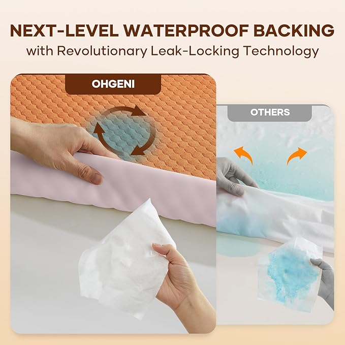 OhGeni 100% Waterproof Mattress Protector,Queen Size Mattress Soft Pad,Pet Hair & Bedwetting Resistant,Cooling Breathable Fitted Sheets,Washable Bed Cover,Non-Slip Deep Pocket,Noiseless,Orange