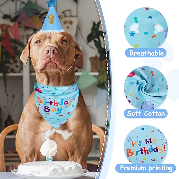 Dog Boy Girl Birthday Party Hat, Dog Birthday Party Supplies, Birthday Bandana Set with Numbers for Gaint and Extra Large Dogs (Blue)