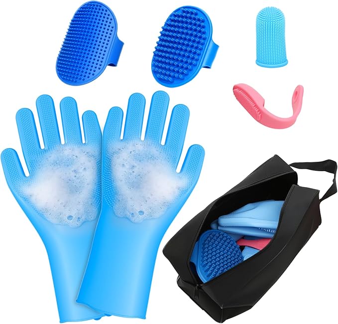 7 Pcs Bathing Kit with Storage Bag for Dogs & Cats Includes Pet Grooming Gloves, Dog Bath Brush & Finger Toothbrush All-in-One Pet Care (Ocean Blue)
