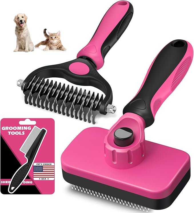 3PCS Self Cleaning Slicker Brush & Pet Grooming Rake & Flea Comb for Dogs,Cats and Horses | Double-Sided Dematting Comb & Skin Friendly Deshedding Grooming Tool (Red Black)