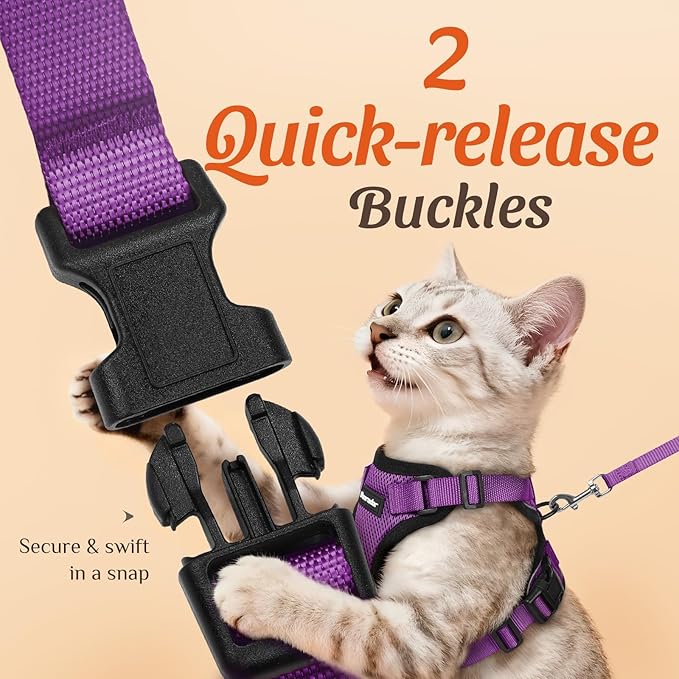 Dooradar Cat Harness and Leash Set, Escape Proof Safe Adjustable Kitten Vest Harnesses for Walking, Easy Control Soft Breathable Mesh Jacket with Reflective Strips for Cats, Purple, M