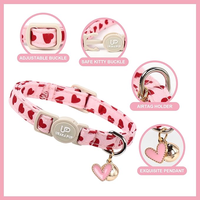 Cat Collar, 2Pack Valentine's Day Cat Collars-Cute Breakaway Cat Collar with Bell & Pendant, Sweet Heart Kitten Collars Pink Hearts with Safety Buckle for Girl and Boy Cats, 7-12Inch