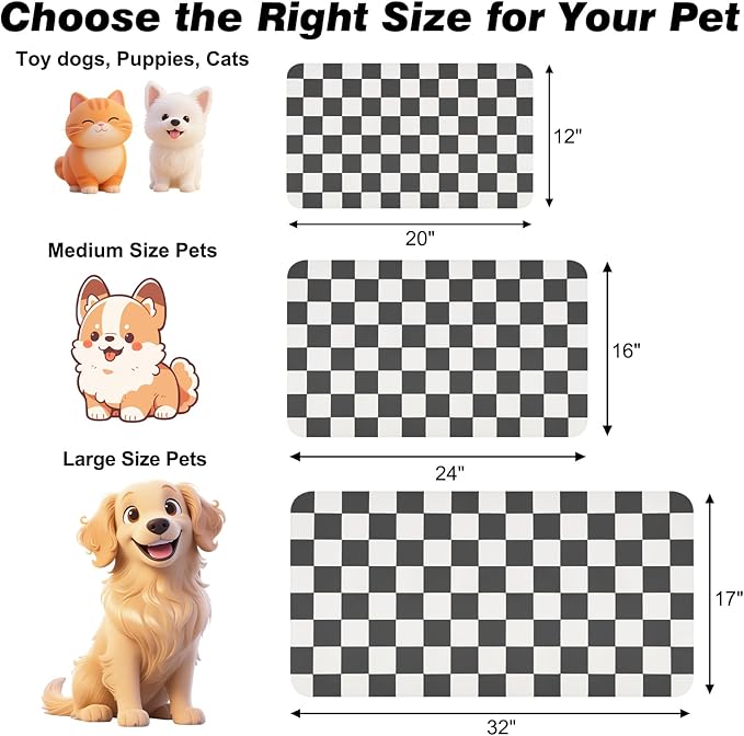 Checkered Dog Food Mat, Absorbent Leak-Proof Pet Feeding Mat, Quick Dry Cat Food Mat for Messy Drinkers 17" x 32" Black