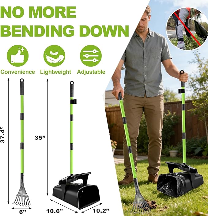 Pooper Scooper Swivel Bin & Rake with 50 Waste Bags, 38" Long Adjustable Handle Dog Poop Scooper for Yard Large Medium Small Dog, Easy to Clean Pet Waste Use on Grass, Dirt, Concrete or Gravel