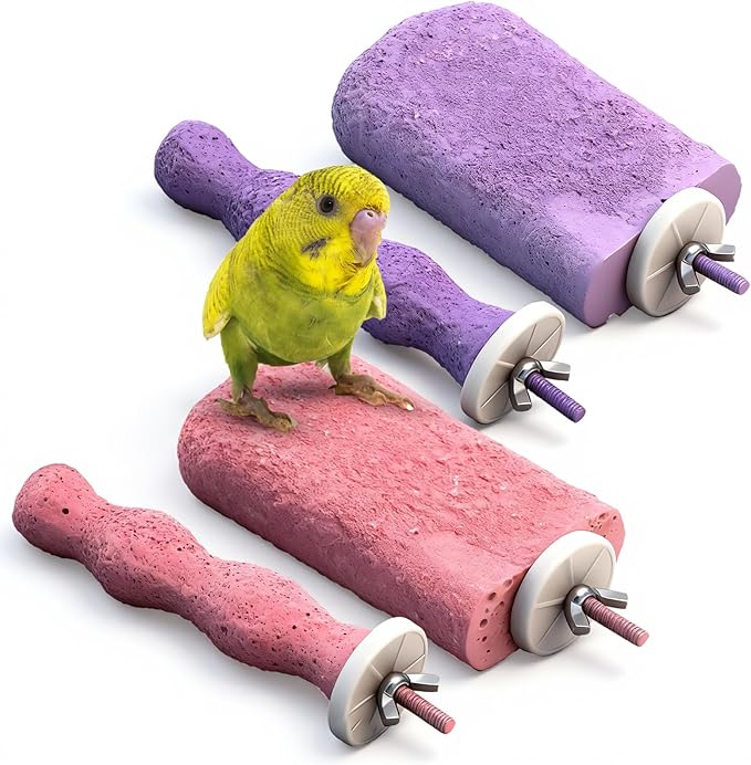 Soulchen 4 Pcs Bird Beak Grinding Calcium Stone Perches Large 4.8 Inch Parrot Teeth Mouth Molar Cage Platform Paw Grinding Sticks Jumping Stand for Macaws Parakeets Finches Cockatiel(Purple,Pink)
