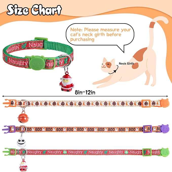 Christmas Cat Collar with Bells, Thanksgiving Cat Collar Breakaway, Halloween Kitten Collars for Girl Boy Cats, 3 Pack Fall Kitty Holiday Collars Adjustable 8-12inch