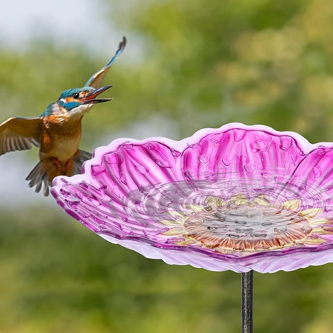 MUMTOP Glass Bird Baths for Outdoors, 12 Inch Bird Bath Bowl with Metal Stake Sunflower Bird Feeders for Garden and Patio Decor