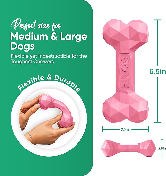 Natural Rubber Dog Chew Bone – Treat-Dispensing, Tough & Indestructible Chew Toy – Safe for Aggressive Chewers – Dental Health & Boredom Relief (Pink)