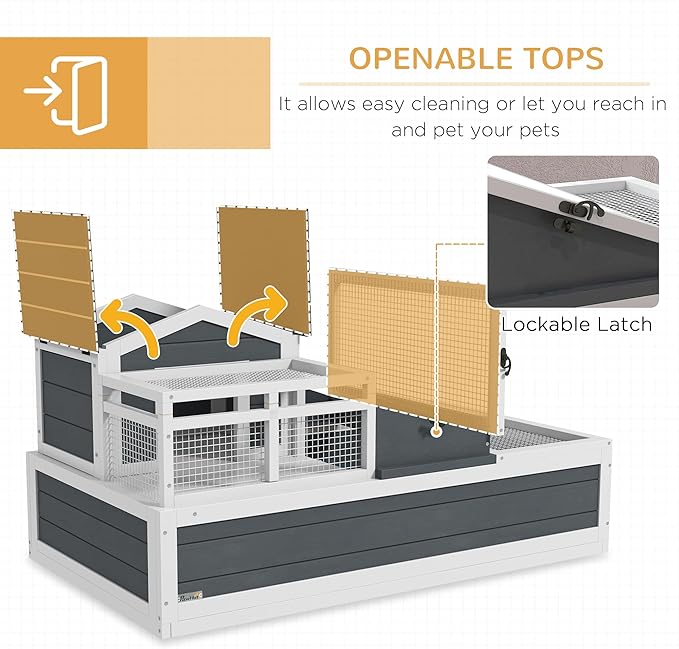 PawHut 3- Room Tortoise House Habitat with Balcony & 2 Stories, Indoor/Outdoor Wooden Tortoise Enclosure with Ladder, Tray, Openable Roof, Large Reptile Cage, 44" x 25.5" x 23", Gray