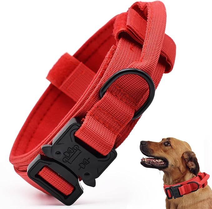 Tactical Dog Collar, Adjustable Military Training Nylon Dog Collar with Control Handle and Heavy Quick-Release Metal Buckle for Small Medium Large Dogs, Red XXL