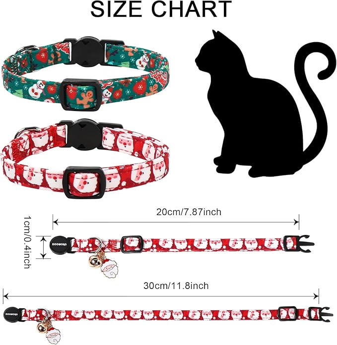 Cat Collar,2 Pack Cat Collars Breakaway with Bell, DOGWONG Safety Buckle Red Christmas Santa Cat Collar for Girl Boy Cats and Small Dogs，Adjustable 7-12 Inch,Pet Supplies Accessories