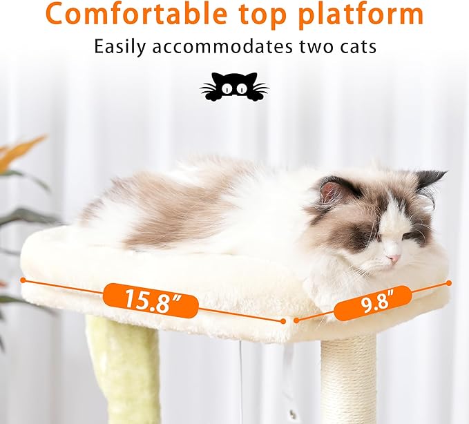 Heybly Cat Tree, 39.4 Inches Tower Condo with Scratching Post, Cat Tower for Indoor Cats, Fully Wrapped Sisal Pole, Soft Platform, 2 Baskets and Dangling Toy, Green and Beige HCT006SGM