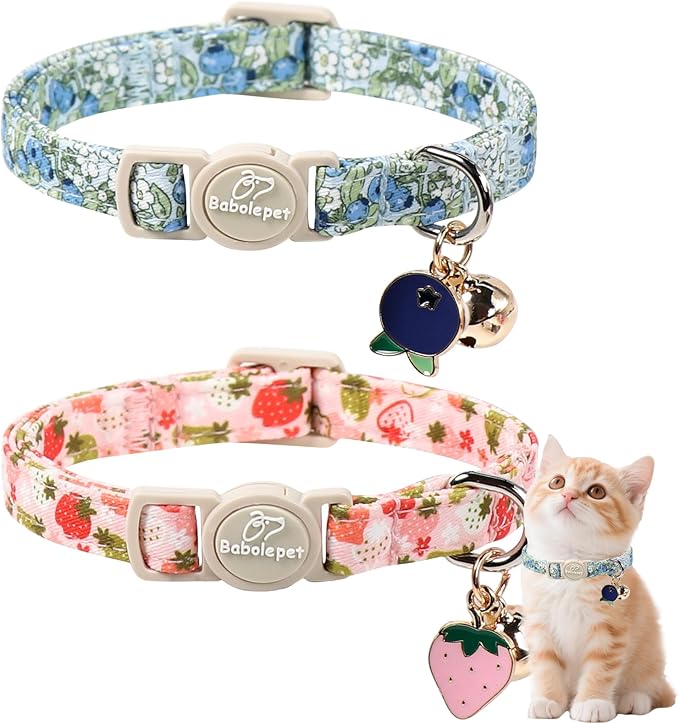 2 Pack Spring Summer Cat Collars - Cute Breakaway Cat Collar with Bell, Bluberry and Strawberry Pendant, Adjustable Kitten Collars for Girl Cats, Pastel Floral Fruit