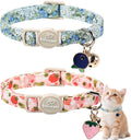 2 Pack Spring Summer Cat Collars - Cute Breakaway Cat Collar with Bell, Bluberry and Strawberry Pendant, Adjustable Kitten Collars for Girl Cats, Pastel Floral Fruit