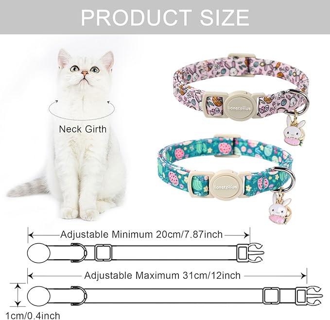 Lionet Paws 2pcs Pack Easter Cotton Cat Collar,Breakaway Buckle with Rabbit and Floral Eggs Cute Adjustable Green Cat Kitten Collar,Ideal for Girl Cats Boy Cats