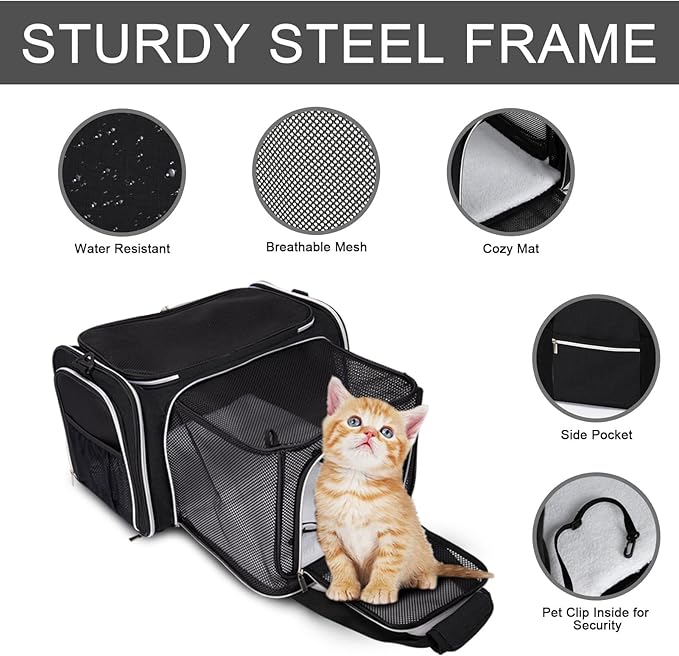 BAGLHER Expandable Cat Carrier with Travel Litter Box, Pet Travel 5 Sides Open Doors 3 Sides, Leak-Proof and Collapsible, for Car, Airplane Trip, Black
