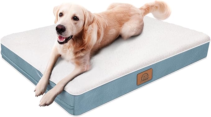Orthopedic Dog Bed for Large Dogs and Extra Large Dogs, XL Waterproof Dog Bed with Removable Washable Cover & Anti-Slip Bottom, Crate Bed, Deluxe Plush Pet Bed Mat, L-Plus(36"X27"X3"), Blue