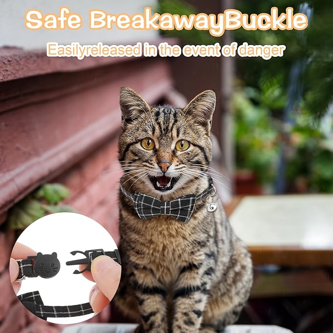 Jeffdad 2Pcs Cat Collar Breakaway, Cat Collar with Bells Bowtie Plaid Cat Collar Adjustable for Kitten Puppy and Small Pets (Black and Gray Plaid)