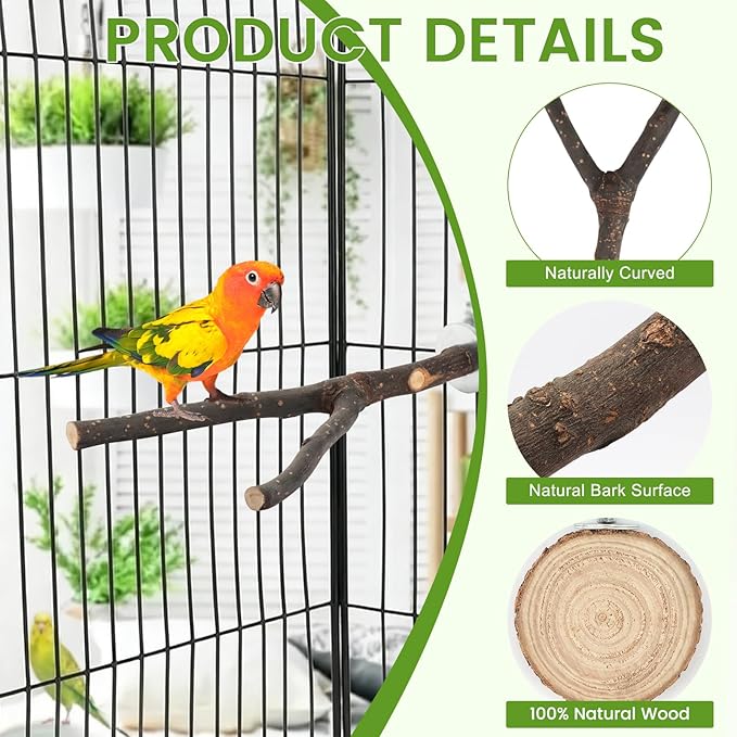 8PCS Natural Wood Bird Perches, Parrot Perch Stand & Chewing Toy with Multi-Branch & Rope, Cage Accessories for Parakeets, Conures, Cockatiels, Lovebirds, Budgies