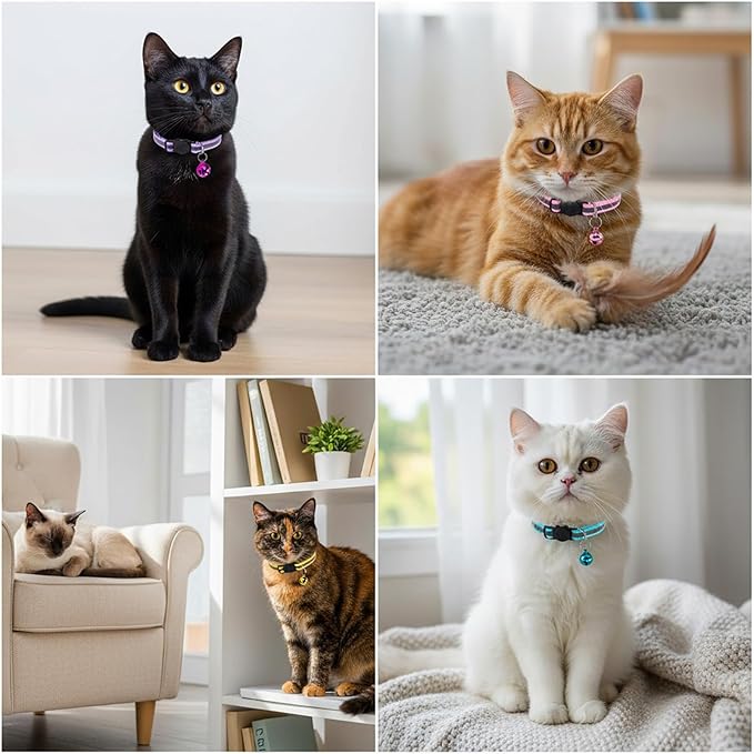 12 Pcs Reflective Breakaway Cat Collars with Bells Adjustable Buckle Kitten Collars Soft Nylon Identification Collares Gifts for Puppy Kittens Pet Supplies Accessories