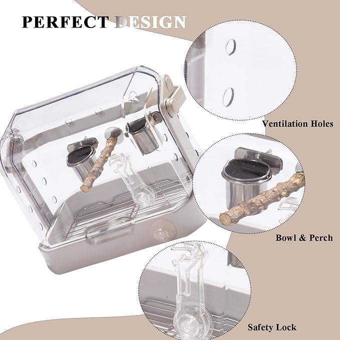 Bird Travel Cage, 10×6.7×8.3 Inches Waterproof & Sturdy Pet Carrier with Perch & Food Bowls, Portable Cage for Budgies, Cockatiels, Lovebirds & Small Birds