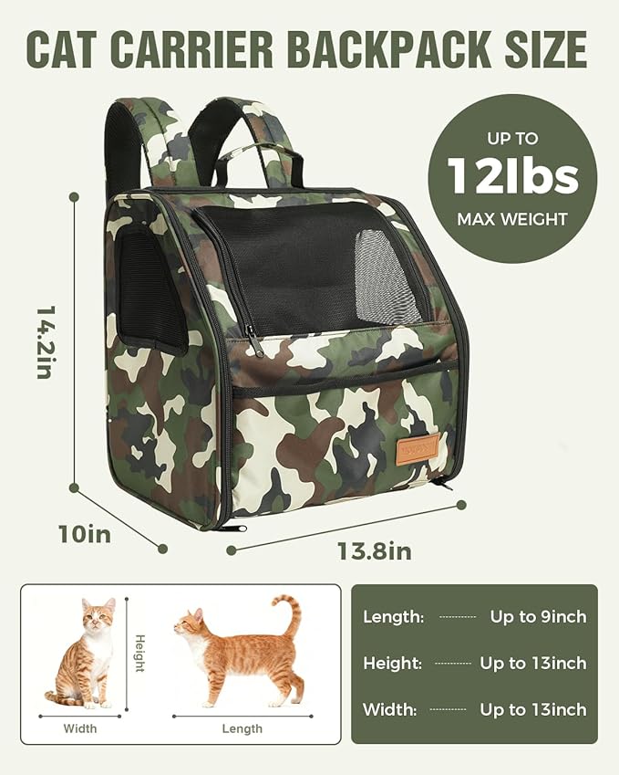 PETUX Cat Backpack Carrier for Small Cat ＆ Dog up to 12 lb - Camouflage Style, Escape-Proof, Widened Interior, 3 Side Breathable Soft Sided Dog Backpack Carrier for Travel, Hiking and Vet - Green