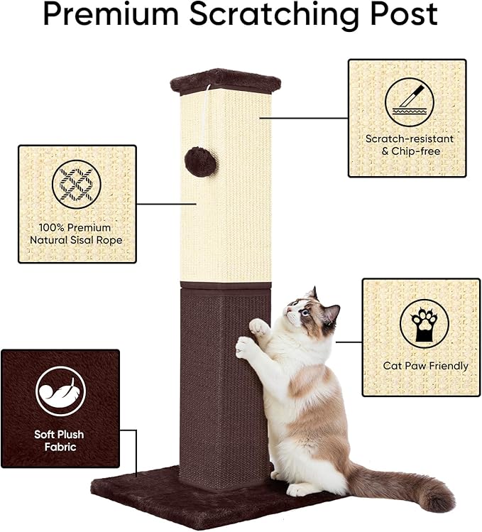 Cat Scratching Post, 32 Inch Cat Scratching Post for Large Cats, Cat Scratcher with Nature Sisal, Cat Scratch Post for Indoor Large Cats and Kitten, Brown