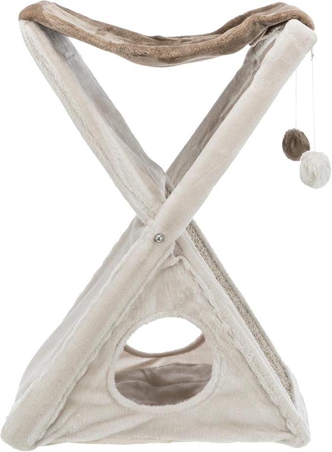 TRIXIE Miguel Fold and Store Cat Hammock, Indoor Cat Furniture with Dangling Toys, Scratching Pad, and Cave, Taupe/Light Gray