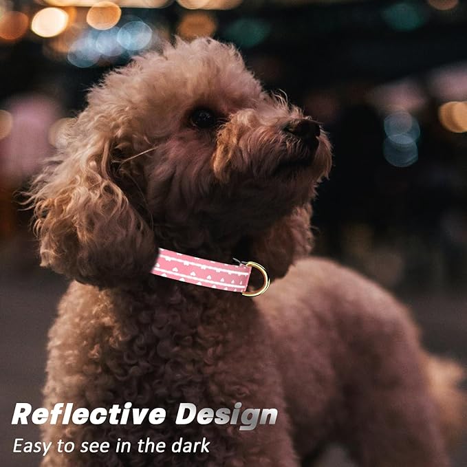 Reflective Dog Collar for Extra Small Dogs, Cute Adjustable Heavy-Duty Nylon Puppy Collars for Boy and Girl Female, Soft Pet Accessories with Quick Release Buckle, Neck 8-12", Pink Hearts