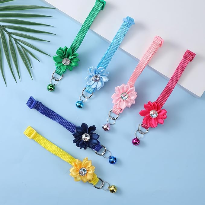 6 PCS Cute Cat Collar Breakaway with Bell, Adjustable Flower Girl Cat Collars, Rhinestone Kitten Collar Breakaway with Bells, Solid Color Cats Bell Collars, 6 Colors