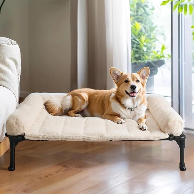 Veehoo Orthopedic Elevated Dog Bed + Removable Fluffy Pillow-Top Mat, Plush Dog Bed with Bolster, Breathable Mesh, No-Slip Feet, Portable Raised Dog Bed for Indoor & Outdoor, 32"x25", Medium, CWC2331E