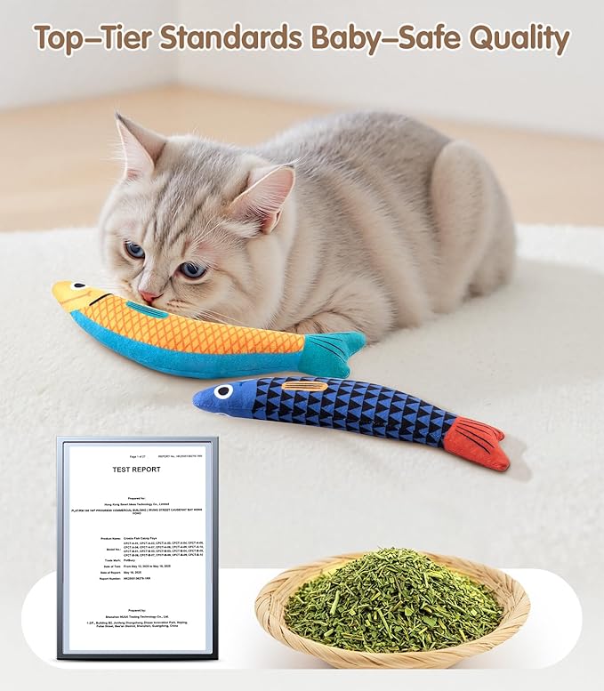 PetBusy Cat Toys with[5000mg A+Natural Catnip &Silvervine] [Baby Grade] Interactive Soft Chew Kicker Cat Toys for Indoor Cats & Kittens, [Crinkle &Bell] Fish Sound Toy, Drives Bored Cat Crazy with Fun