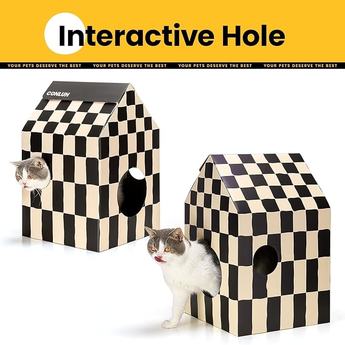 Cardboard Cat House with Scratch Pad & Catnip, Cat Play Scratching House for Indoor Hideaway Furniture, Heavy Duty Sturdy Cardboard Scratcher, Easy to Assemble Birthday Gift, Medium
