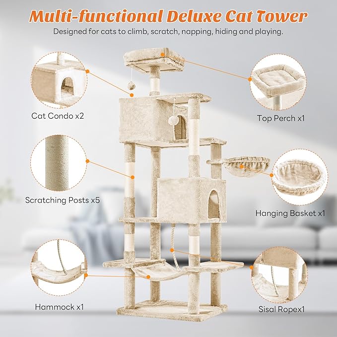 DUMOS Large 66 Inch Cat Tree Tower, Tall Multi Level Cat Climbing Tower with Natural Sisal Scratching Posts, Hammock, Pet Condo for Indoor Cats and Kittens Play, Beige